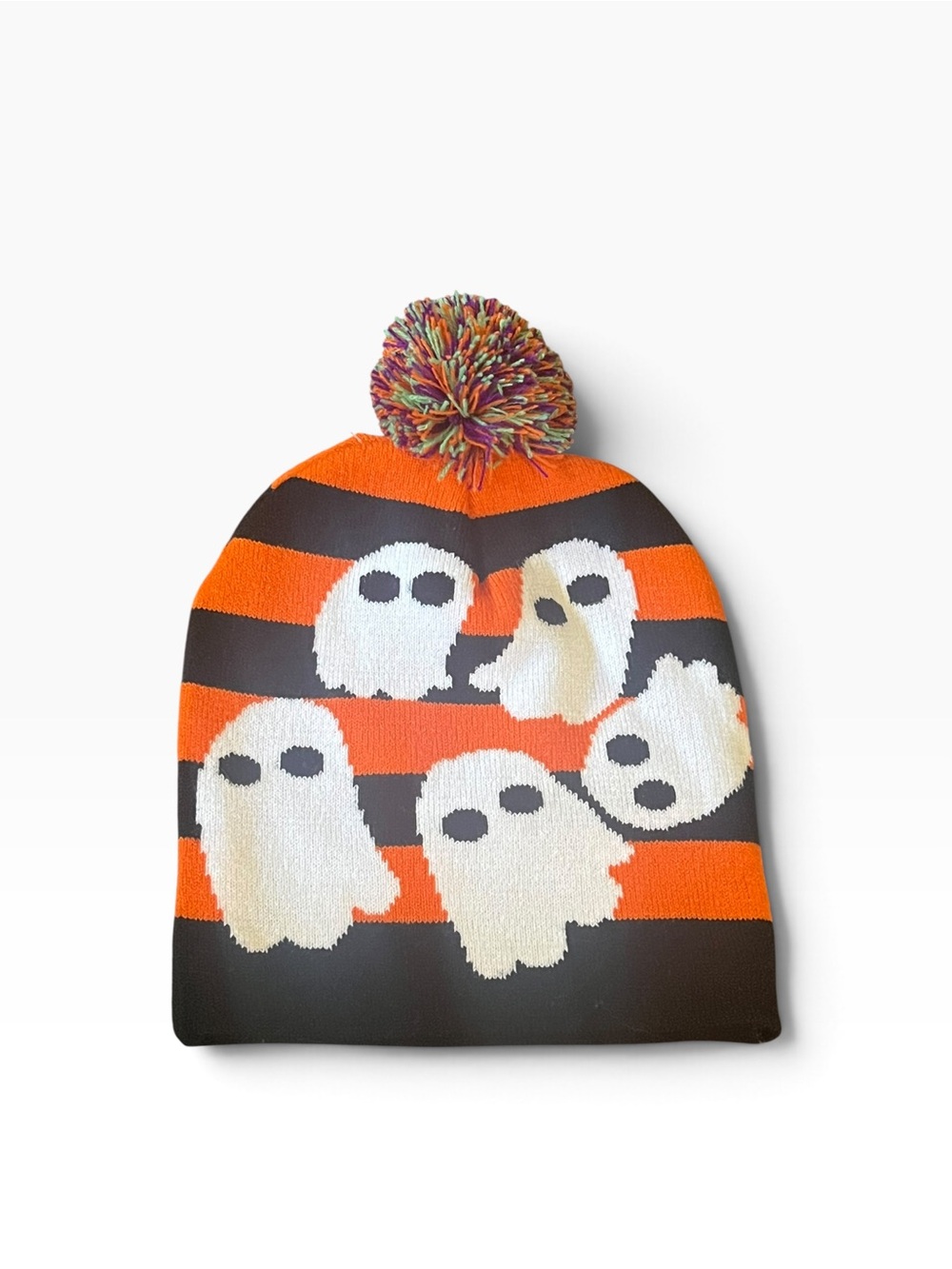 Kids Ghost Stripe Pom Beanie Hat - Orange, Black & White
